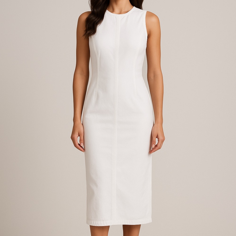 ๐ DL1961 White Denim Sleeveless Stretch Cotton Midi Dress Size L Elegant Summer - Picture 1 of 17